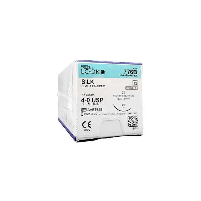 Look 776B Silk Black Braided Non Absorbable Reverse Cutting Sutures C7 3/8 Circle 4-0 18 Look 776B Silk Black Braided Non Absorbable Reverse Cutting Sutures C7 3/8 Circle 4-0 18